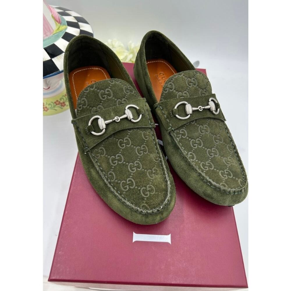 Men's Gucci GG embossed suede driver loafers size 9 fits 9.5 US made in Italy